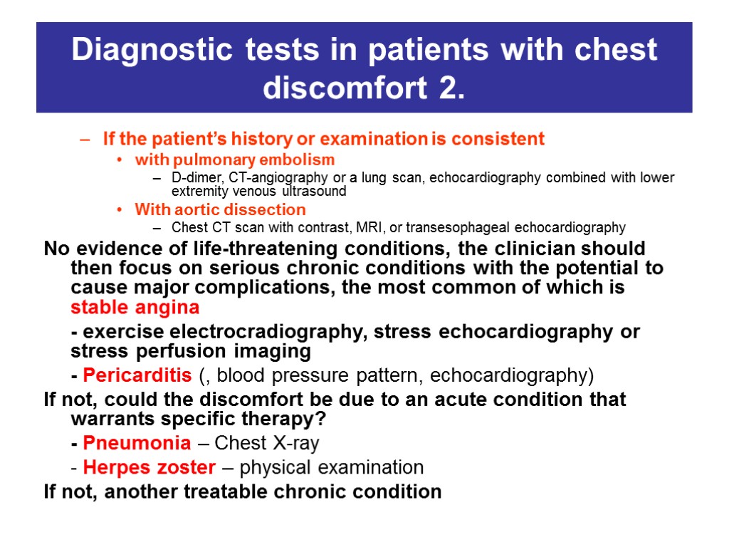 Diagnostic tests in patients with chest discomfort 2. If the patient’s history or examination